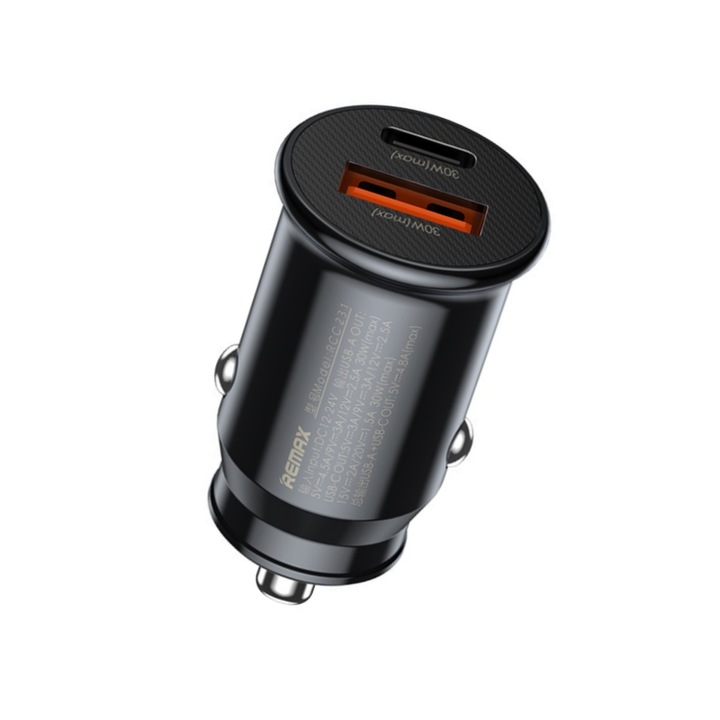 Modulator FM, incarcator auto USB-C, 60W, adaptor dual port 30W PD+QC, negru