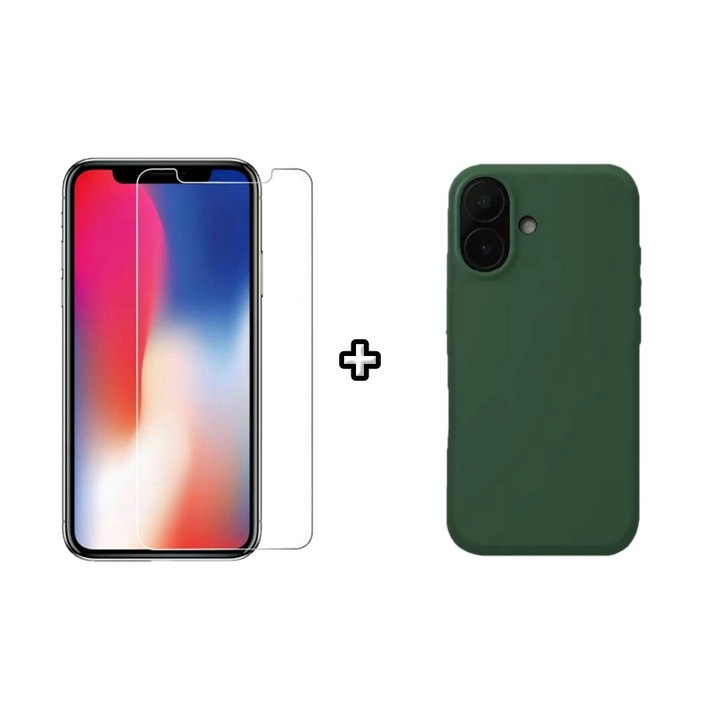 Set Husa Silicon plus Folie din sticla transparenta compatibila cu Apple iPhone 16 Plus, verde inchis, HQM Protection