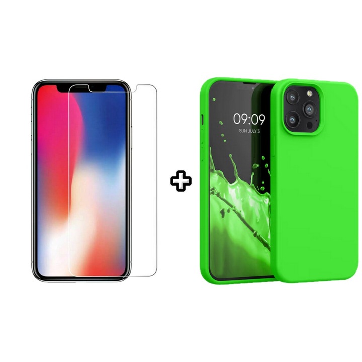 Set Husa Silicon plus Folie din sticla transparenta compatibila cu Apple iPhone 16 Pro Max, verde neon, HQM Protection