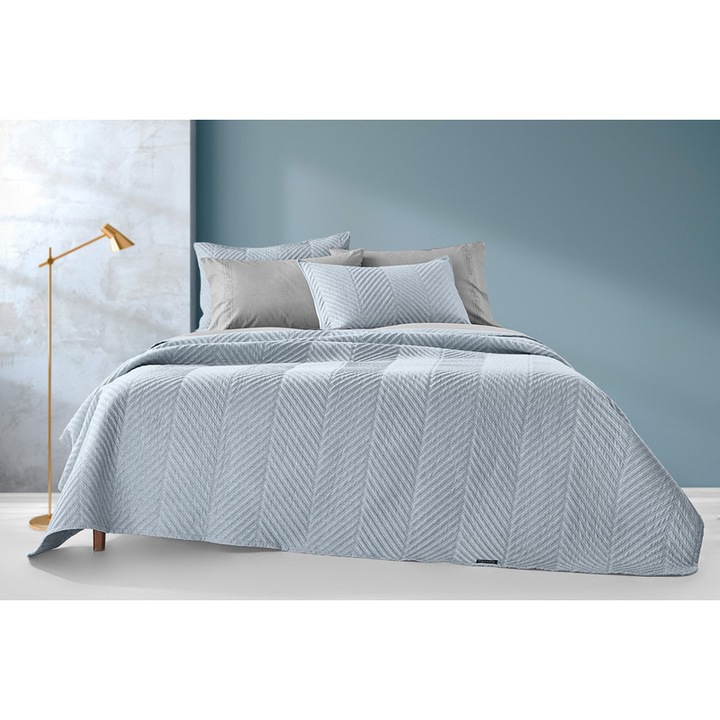 Cuvertura king size cu fata de perna, Guy Laroche, Model monocrom cu dungi, Microfibra, 250x240cm, 50x50 cm, Albastru deschis