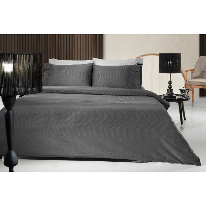 Cearceaf King size cu elastic Guy Laroche, 100% bumbac satinat, alb-negru, 180x200+35cm