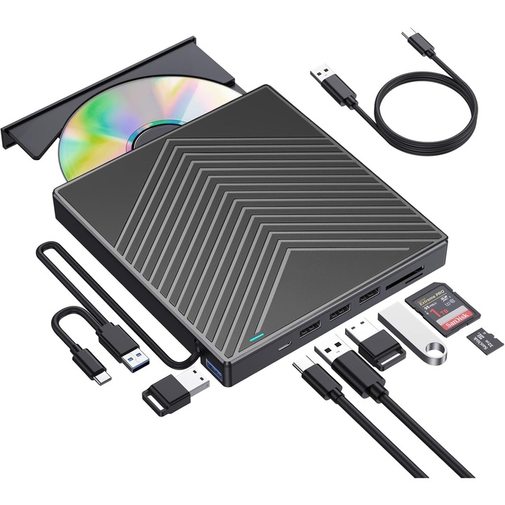 Външно DVD записващо устройство Hesasa® ултратънко, USB 3.0/Type-c кабел, ултратънък, plug and play, компактен и преносим, CD, DVD +/-, RW, SD, съвместим с лаптоп, компютър, настолен компютър, Mac Book , Windows 11/10/8/7, Linux OS, черен