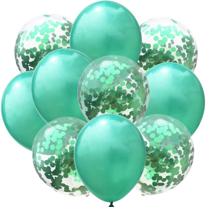 Комплект от 10 латексови балона, VIVALDI, за партита / рождени дни, 5 x конфети балони, 5 x тюркоазени балони, надути с въздух или хелий, Turquoise