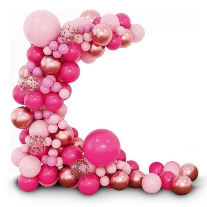 126 darabos latex léggömb szett, parti modell boltívhez, party léggömbök, rózsaszín, halvány rózsaszín, arany