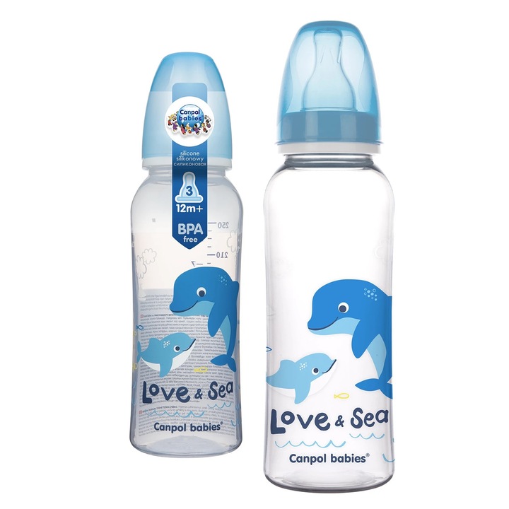 Biberon, Canpol Babies, Love&Sea, Tetina Din Silicon, Forma Conturata, Capac Etans, Colorat