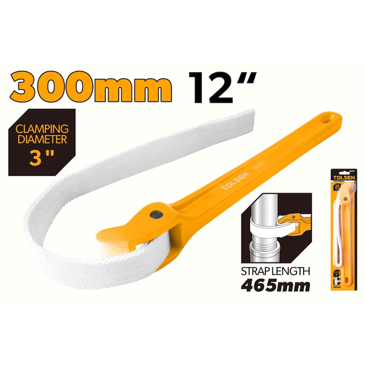 Cheie cu banda TOLSEN 12" / 300 mm, prindere 75-300 mm, curea 465 mm, maner aluminiu, banda nylon cu strat poliuretan, pentru tevi si suprafete lucioase, uz profesional industrial, protectie suprafete lucioase, durabilitate si precizie ridicate