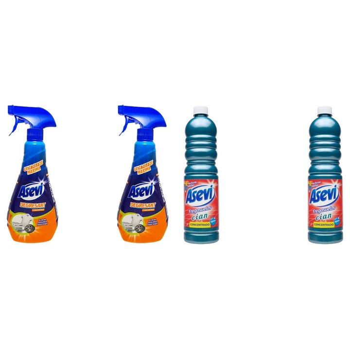 Комплект за почистване Asevi Variety Cleaning Set 4 x , 2 x Обезмаслител Solution 750ML Спрей, 2 x Препарат за под 1L Cyan, бързо и ефективно, дерматологично тестван, дълготрайна свежест, елиминира неприятните миризми