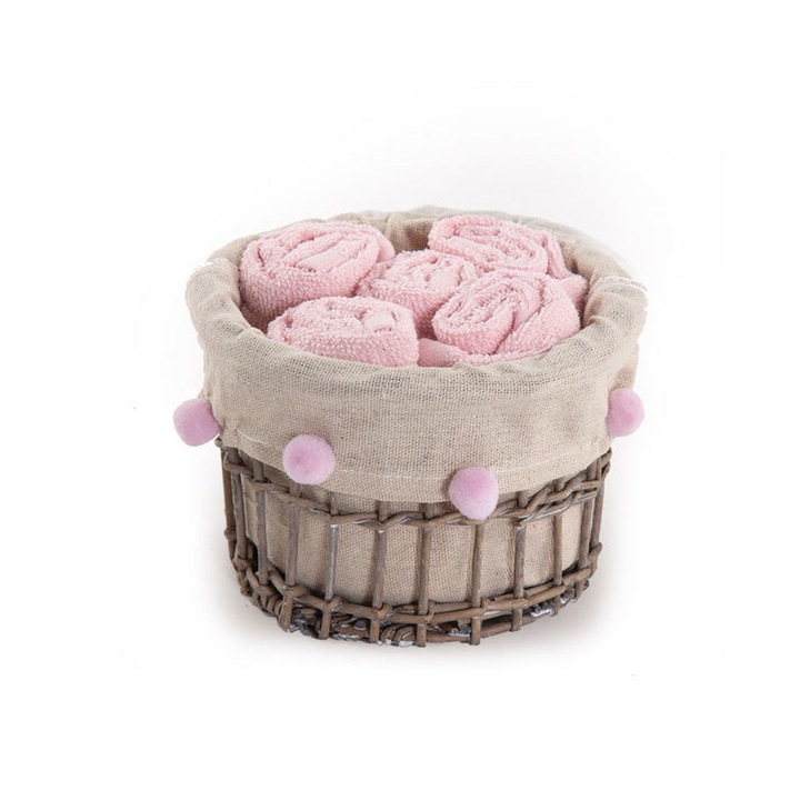 Set cos cu 5 prosoape, Nef-Nef, bumbac, 30x30cm, roz