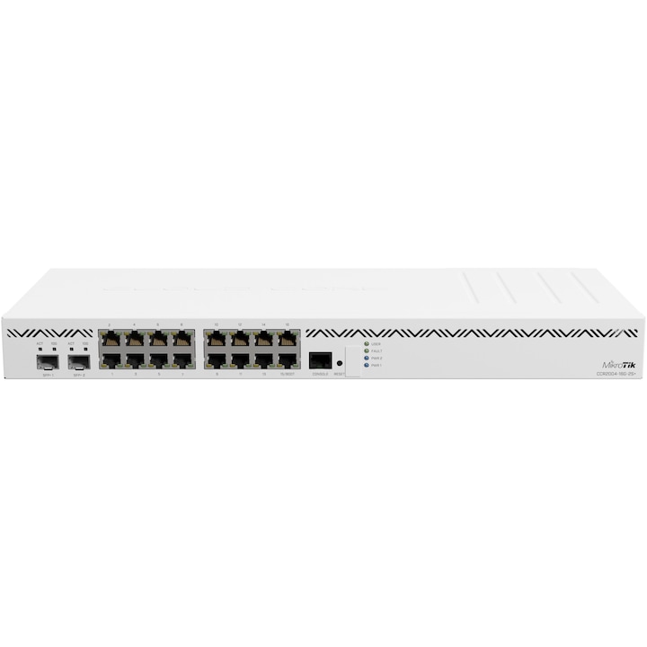 Рутер MikroTik CCR2004-16G-2S+, 16x RJ45 1000Mb/s, 2x SFP+, здрав метален корпус, високопроизводителен процесор, идеален за корпоративни мрежи, високоскоростни връзки и професионални приложения с разширено управление на трафика