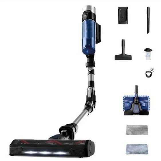 Aspirator vertical Rowenta X-Force Flex 9.60 Aqua RH20C4WO, 250 W, 100 air watts, 3 trepte putere, functie boost, perie cu iluminare LED, autonomie pana la 45 minute, gri & albastru
