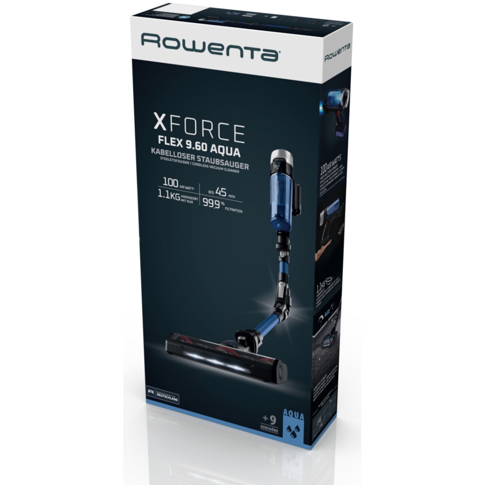 Aspirator vertical Rowenta X-Force Flex 9.60 Aqua RH20C4WO, 250 W, 100 air watts, 3 trepte putere, functie boost, perie cu iluminare LED, autonomie pana la 45 minute, gri & albastru