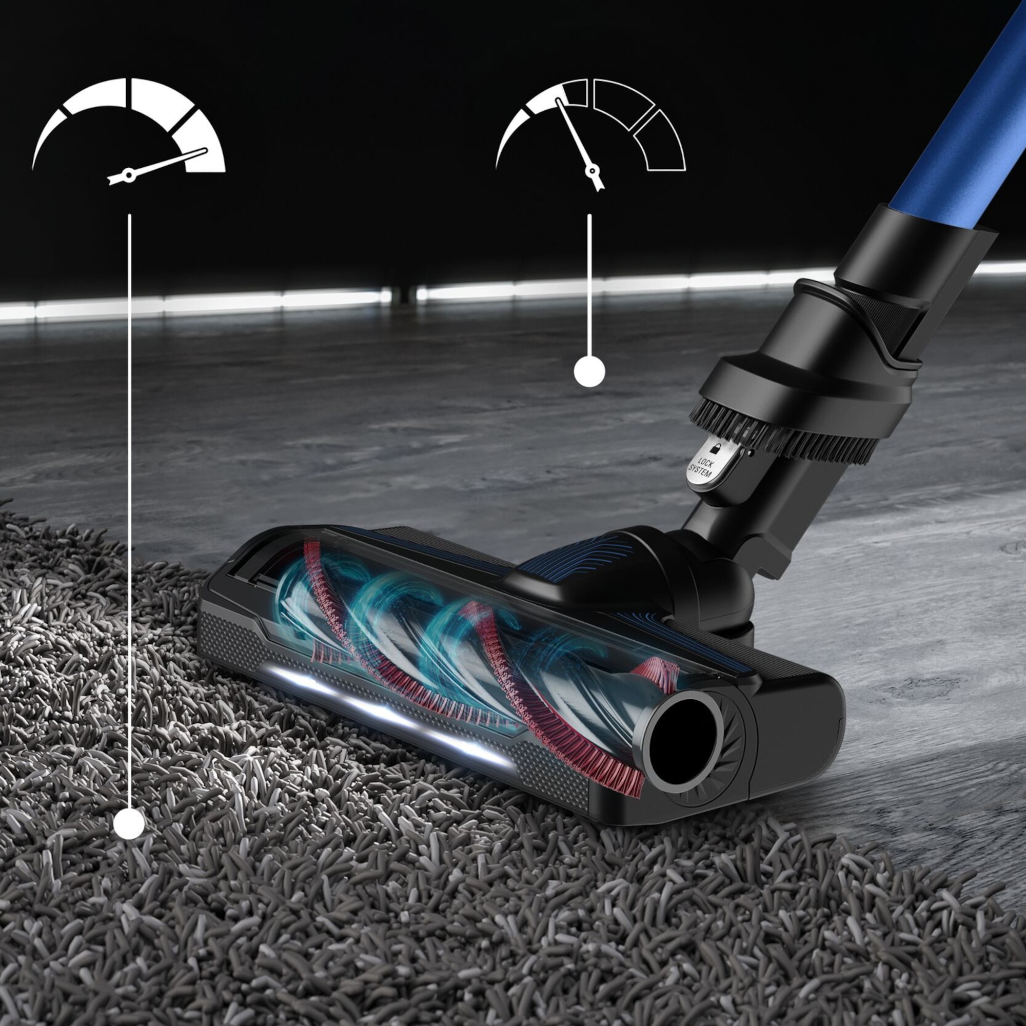 Aspirator vertical Rowenta X-Force Flex 9.60 Aqua RH20C4WO, 250 W, 100 air watts, 3 trepte putere, functie boost, perie cu iluminare LED, autonomie pana la 45 minute, gri & albastru