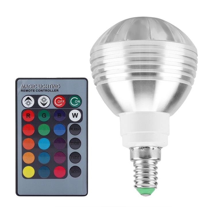 LED крушка E14 5W RGB с дистанционно управление, 16 цвята, 9.5x6см, комплект от 1 брой