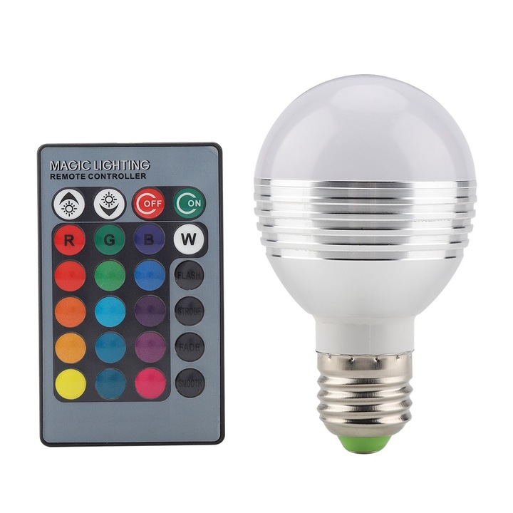RGB крушка E27 5W, Longziming, 16 цвята, дистанционно управление, 100x60 мм, сребриста