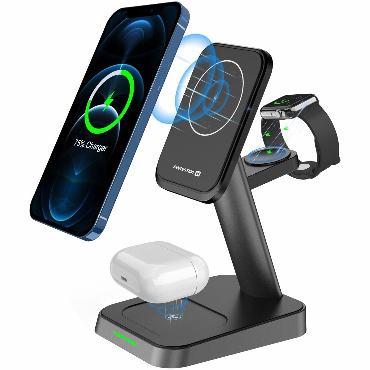 Incarcator Stand Wireless MagStick 3in1 22, 5 W, compatibil MagSafe, Negru