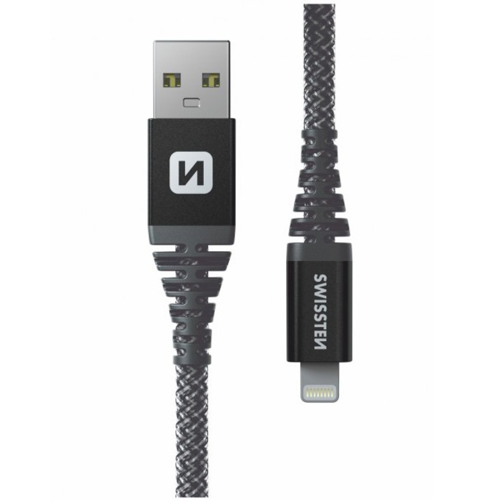 Swissten Kevlar adatkábel, Usb-A – Lightning, 1.5 m, antracitszürke