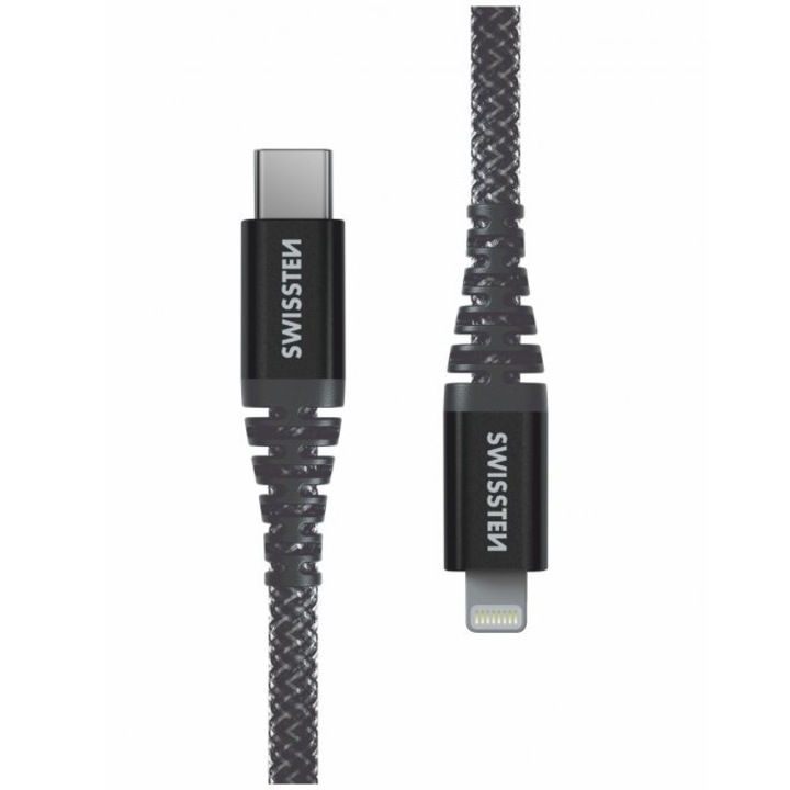 Swissten Kevlar adatkábel, USB-C – Lightning, 1.5 m, antracitszürke