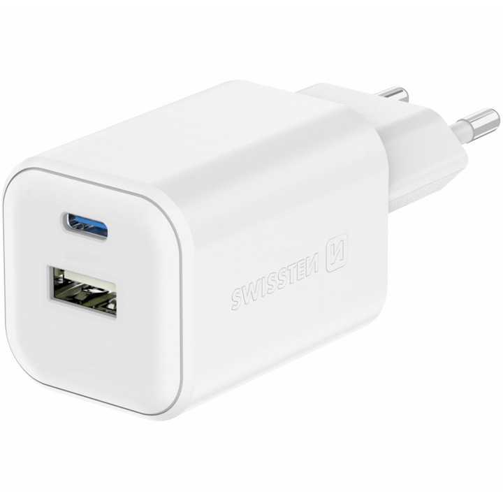 Swissten GaN hálózati töltő, 1x USB-C 45W PD + 1x USB-A 18W QC, fehér