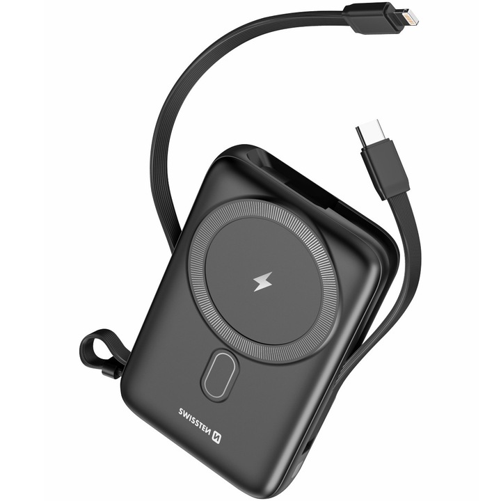 Külső akkumulátor, Swissten, 10000 mAh, USB-C/Lightning, 20W, MagSafe kompatibilis, Fekete