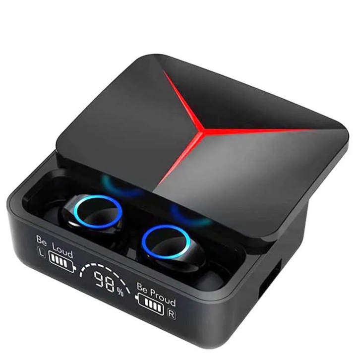 Casti wireless, buds, fara fir, audio, functie de baterie externa, IPX6 rezistente la apa si transpiratie, functie Noise Cancelling, TWS, autonomie 8 ore, carcasa cu inchidere magnetica, gaming, negru