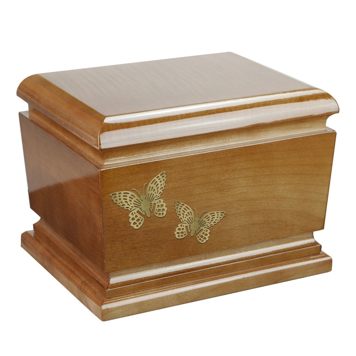 Urna crematorie pentru animale, Remember Forever, din lemn de mesteacan, model fluturi, noua, goala