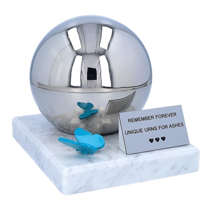 Urna de crematie pentru animale, Remember Forever, din otel inoxidabil, baza din piatra, noua, albastra
