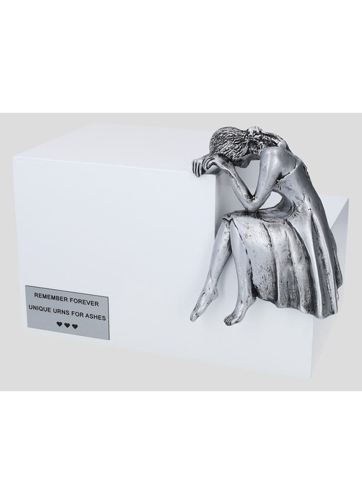 Urna crematorie din lemn de mesteacan cu figura din compozit, Remember Forever, alba, noua