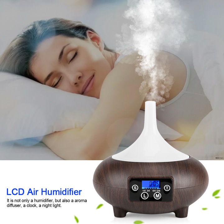 Légnedvesítő LCD órával, 220ml, ultrahangos technológiával, LED lámpával, fa színű, 15x15x15cm
