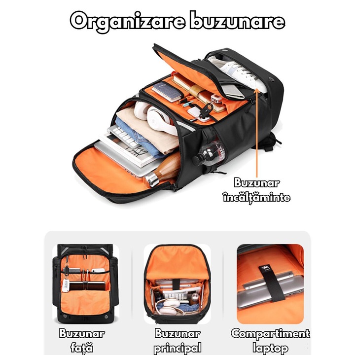 Rucsac Calatorie, erucsac®, Impermeabil, Ghiozdan Voiaj, Anti-transpiratie, Port pentru Incarcare USB, Multifunctional, Compartiment pentru Incaltaminte, Laptop 17 inch, Haine, Accesorii, Capacitate Mare 45 L, Negru