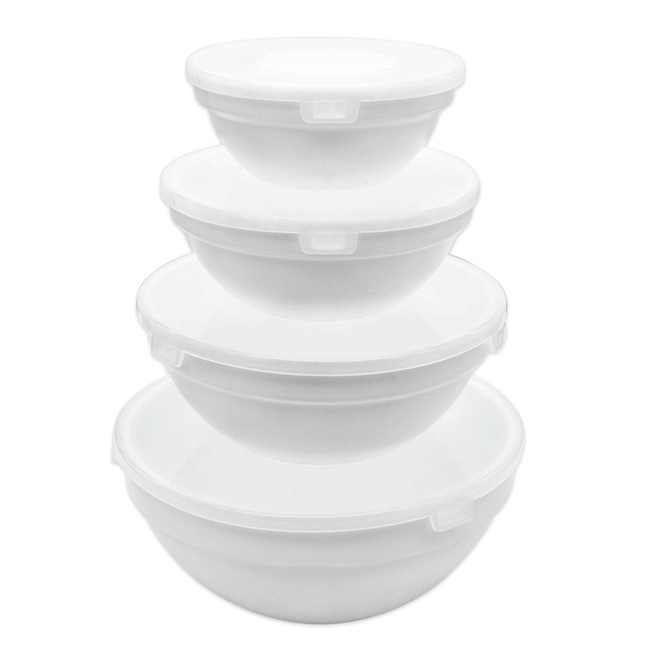 Set boluri din sticla 17/14/12/10, set 4 recipiente albe cu capace Tragar 41091