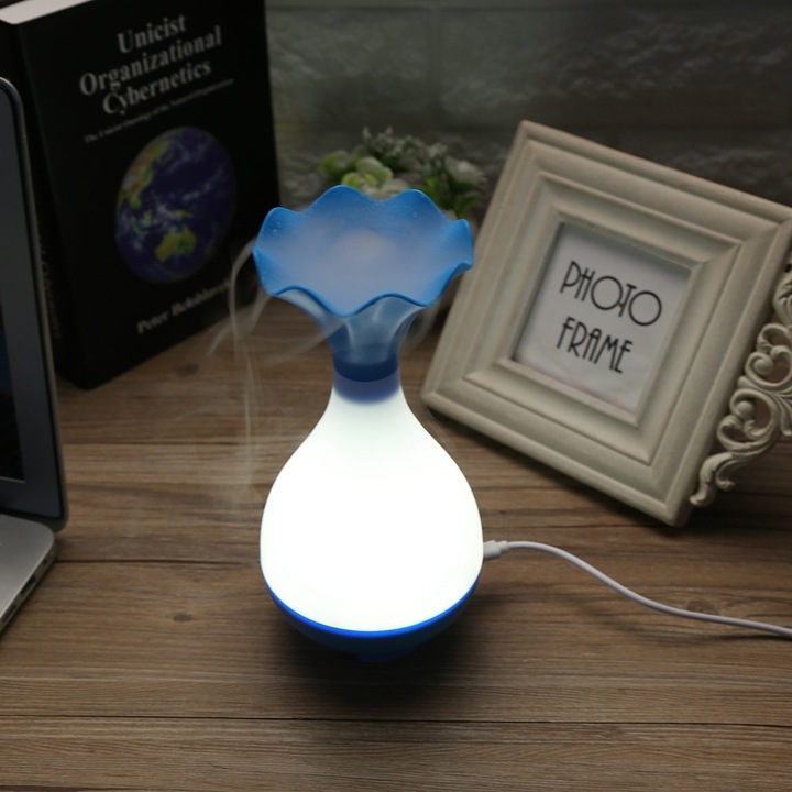 Umidificator aromatizant ultrasonic Jormftte, design mini vază, capacitate 95ml, culoare albastră, dimensiuni 9.8x20.3cm