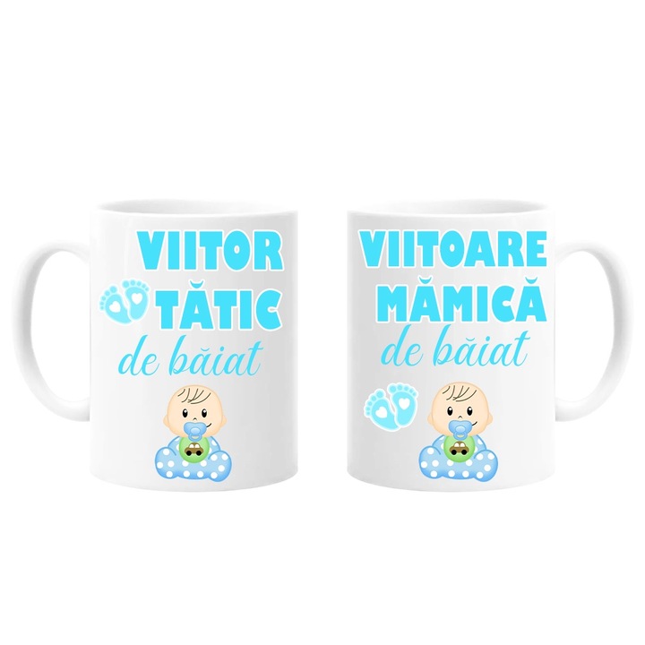 Set 2 Cani Personalizate pentru viitori parinti cu mesaj:"Viitor tatic de baiat, Viitoare mamica de baiat", Betaprint, 330ml