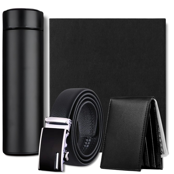 Set cadou pentru barbati, 3 Produse premium, Cadonique®, Termos din inox, Curea si portofel din piele naturala, Ambalate in cutie pachet exceptionala, Ideal pentru el, domni, tata, sot, fiu, frate, coleg, corporate, Negru