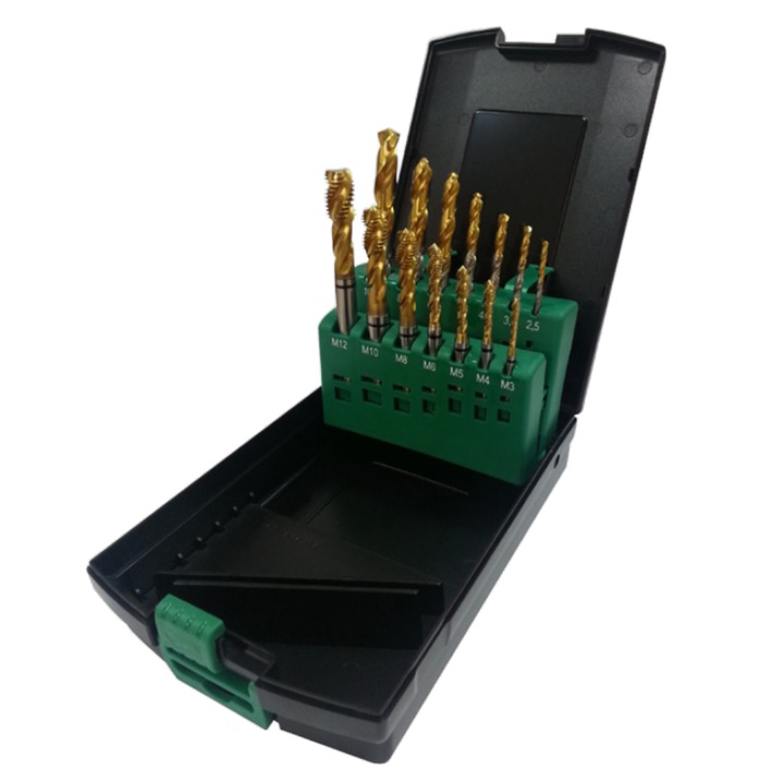 Set 14 piese, tarozi gaura strapunsa si burghie, M3 - M12, HSS-E, acoperire TiN, Euro Issa M3, M4, M5, M6, M8, M10, M12 Cod: TD814SET7-GLP195
