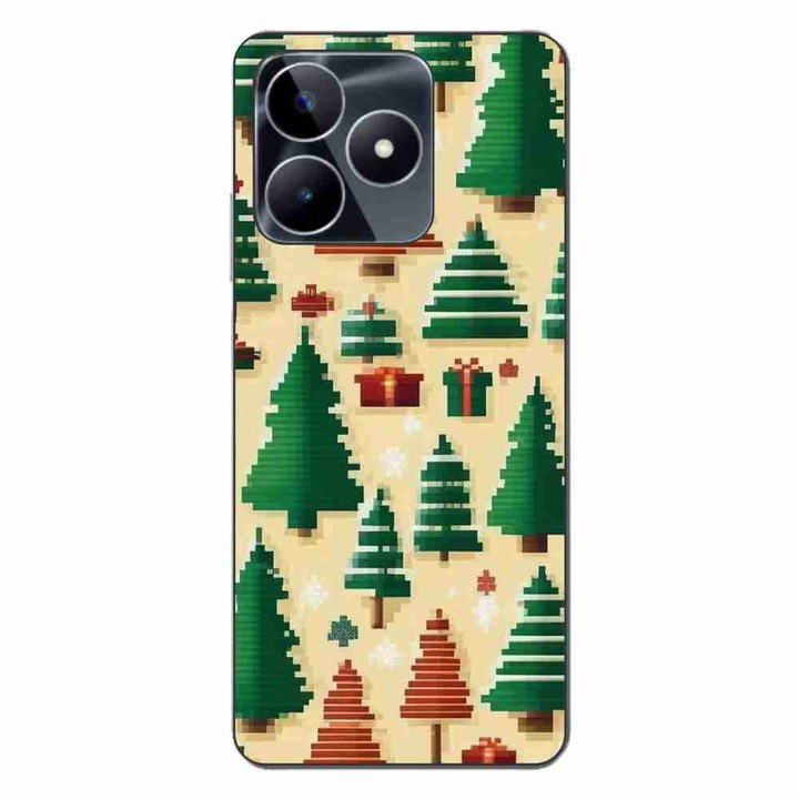 Капак, съвместим с модел Realme C53 Silicon Gel Tpu Pixel Art Christmas Tree Pattern