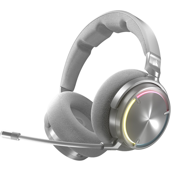 Слушалки Gaming Corsair Virtuoso Max 2.4GHz wireless and Bluetooth®, Dolby Atmos®, Active Noise Cancellation, PC, Mac, PS5/PS4, Switch, And mobile, Graphene drivers, RGB, Silver