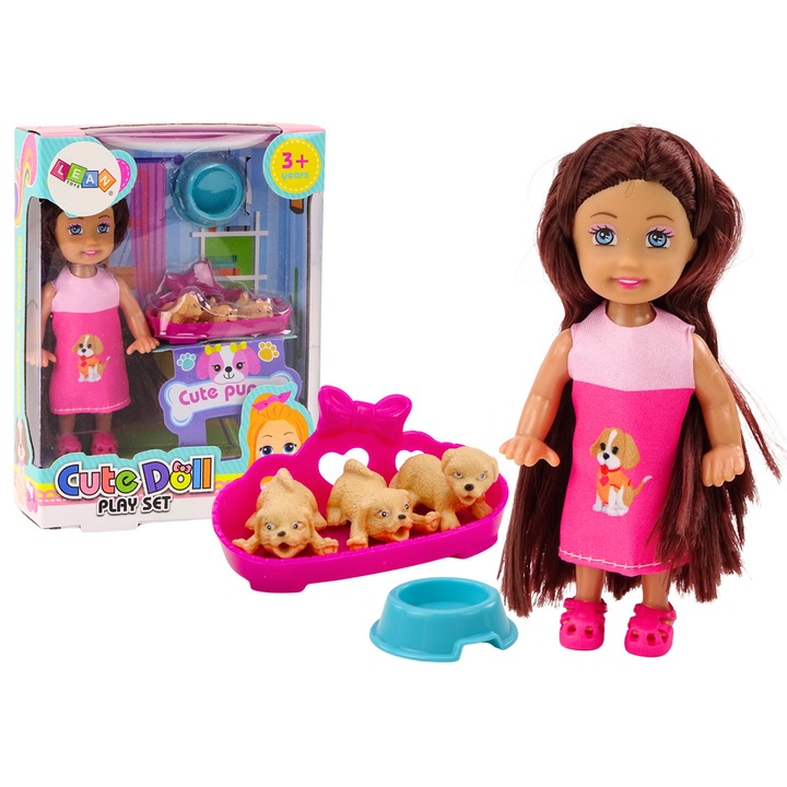 Mini baba hosszú hajjal, LEAN Toys, színes ruha, 3 kiskutyás készlet, 12cm x 5,5cm x 2,5cm