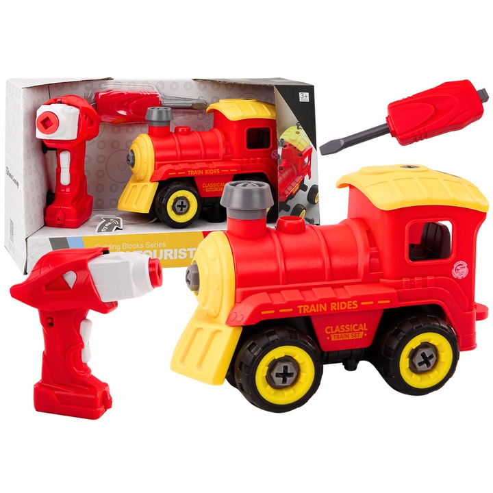 Locomotiva de jucarie RC, LEAN TOYS, rosie, set cu surubelnita si bormasina, 21,5x13,5x11cm