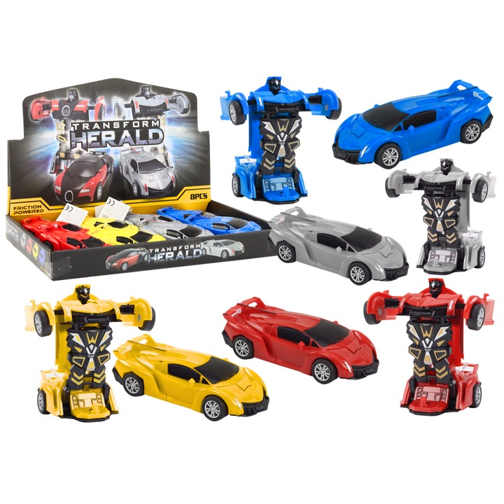 Set 8 Roboti de Jucarie, LEAN TOYS, Auto Robot 2w1, Sportiv, 13,5x6x3,5cm, 11x9,5x9cm