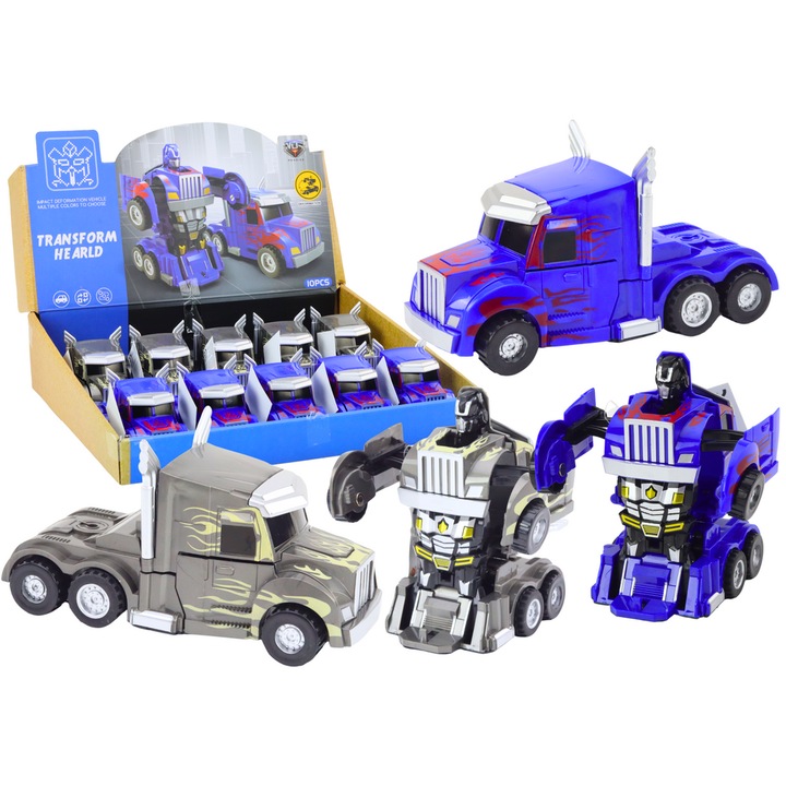 Robot de jucarie 2 in 1 LEAN TOYS, transformabil, 2 culori, 11x10x10cm, 14x7x7cm, set 10 bucati
