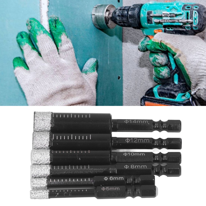 Jormftte 6 darabos száraz gyémánt fúrófej készlet porcelánhoz, kerámiához, gránithoz, márványhoz, 5-14mm x 68-80mm