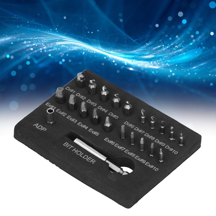 22 darabos csavarkiszedő készlet sérült csavarokhoz Jormftte, gyorsacél, különféle típusok, 6.35mm x 4mm