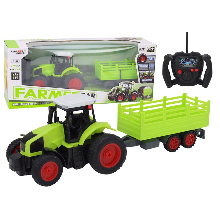 Tractor RC cu remorca 1:16 LEAN TOYS, verde, 38x12.5x11.5cm, pentru copii peste 6 ani