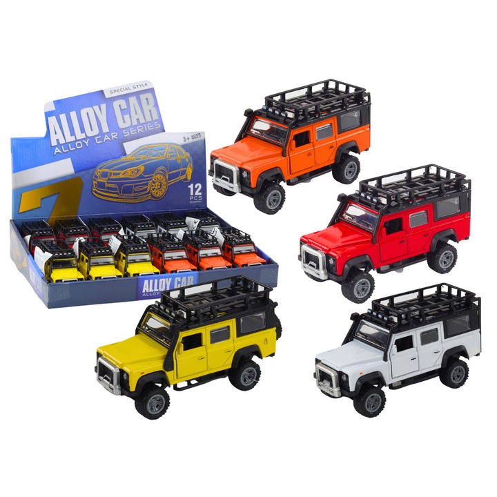 Masinuta terenowa 1:32, LEAN TOYS, metal, efecte sonore si luminoase, 13x6x5cm, set 12 bucati