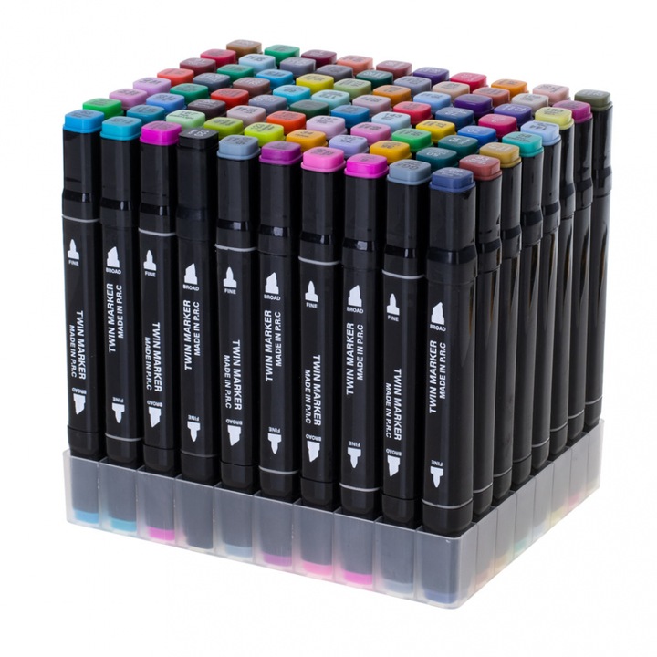 Set 80 markere pe baza de alcool, cu doua varfuri, Ikonka multicolor, include suport de organizare si cutie de transport