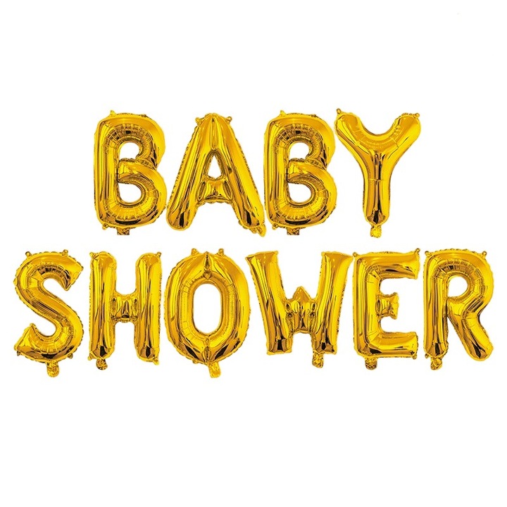 Комплект балони от метално фолио, Flippy, Baby Shower модел, 40 cm букви, парти балони, индивидуална опаковка, сламка, конец и лепило, надуване с въздух или хелий, злато