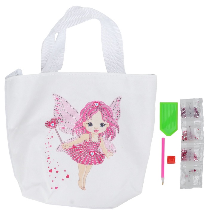 Bevásárlótáska barkácskészlet, longziming, tündérminta, 4 táska, 1 strassz toll, 1 strassz tányér, 1 ragasztó, többszínű