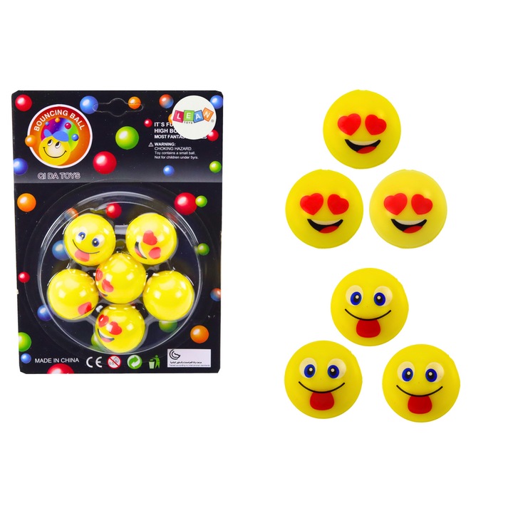 Set 6x bile de cauciuc, Emoji Galbene, LEAN TOYS, 3cm, 17,5x12,5x3cm