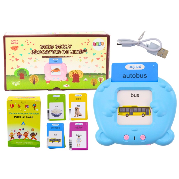 Tableta de jucarie interactiva, LEAN TOYS, 224 cuvinte, albastru, 10,5x9x2cm, set pentru invatarea limbii engleza