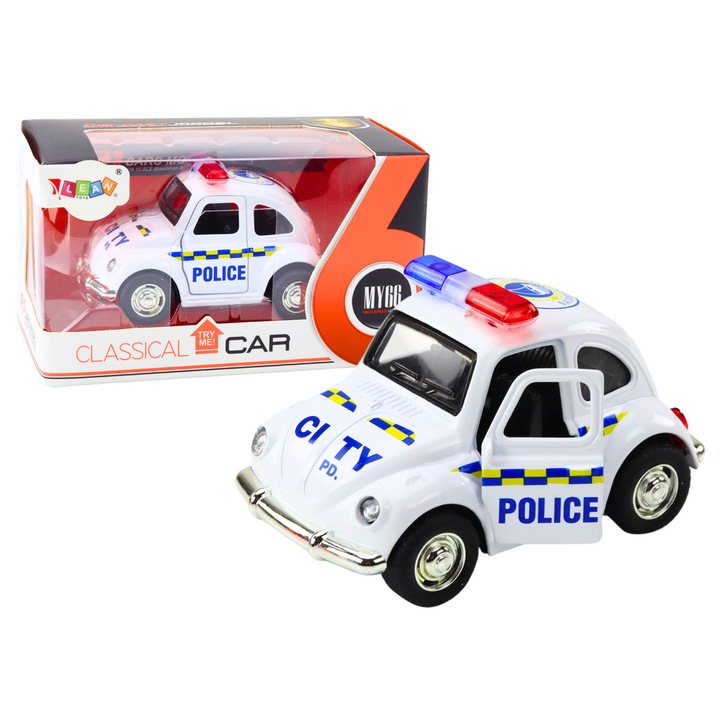 Masinuta de politie, LEAN TOYS, alb, 9,5x6x5,5cm, efecte luminoase si sonore